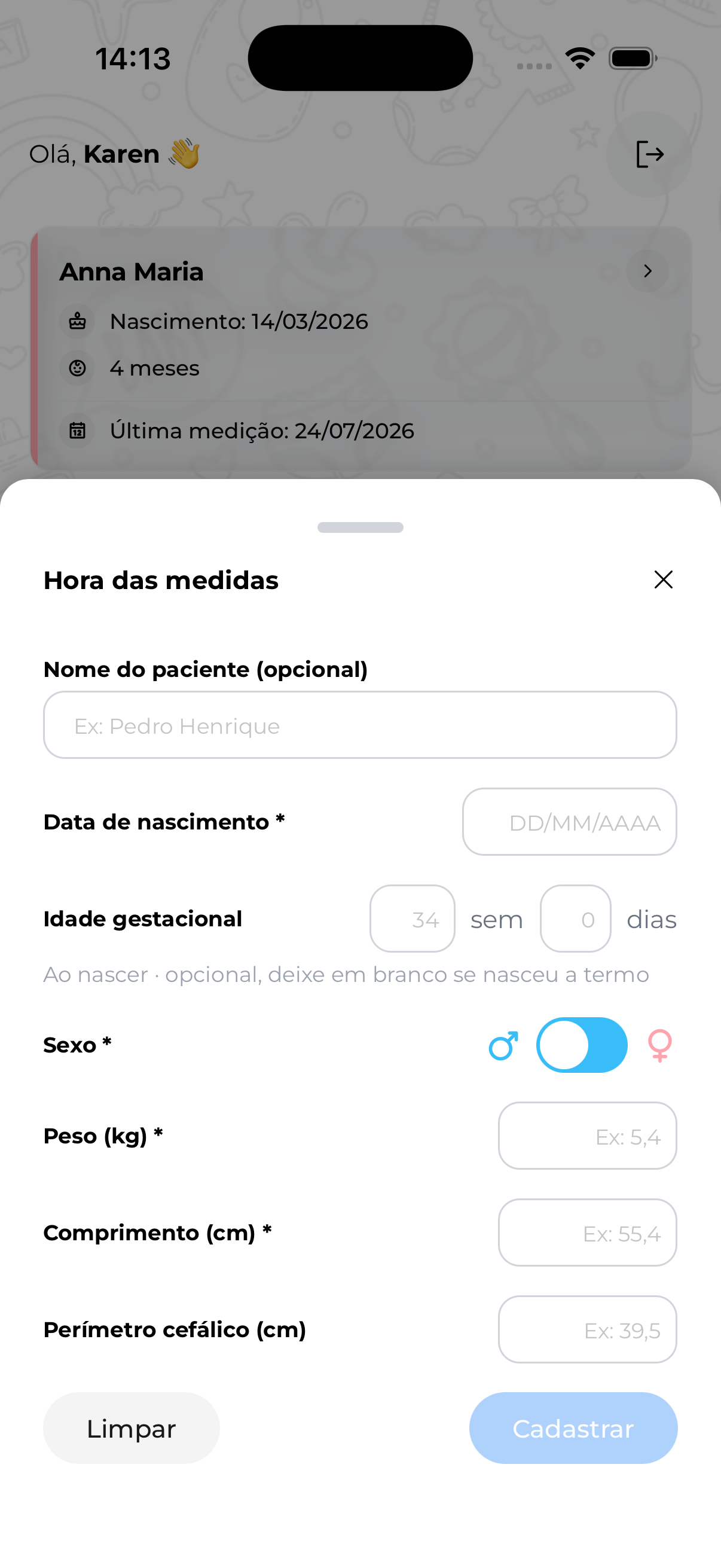 Formulário de inserção de medidas do paciente